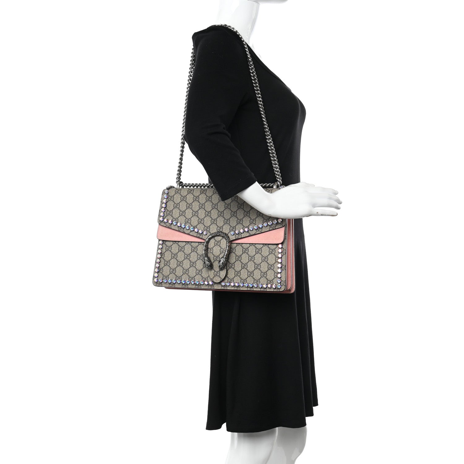 Gucci GG Supreme Monogram Suede Crystal Medium Dionysus Shoulder Bag Beige Ebony Light Peonia 2 of 17