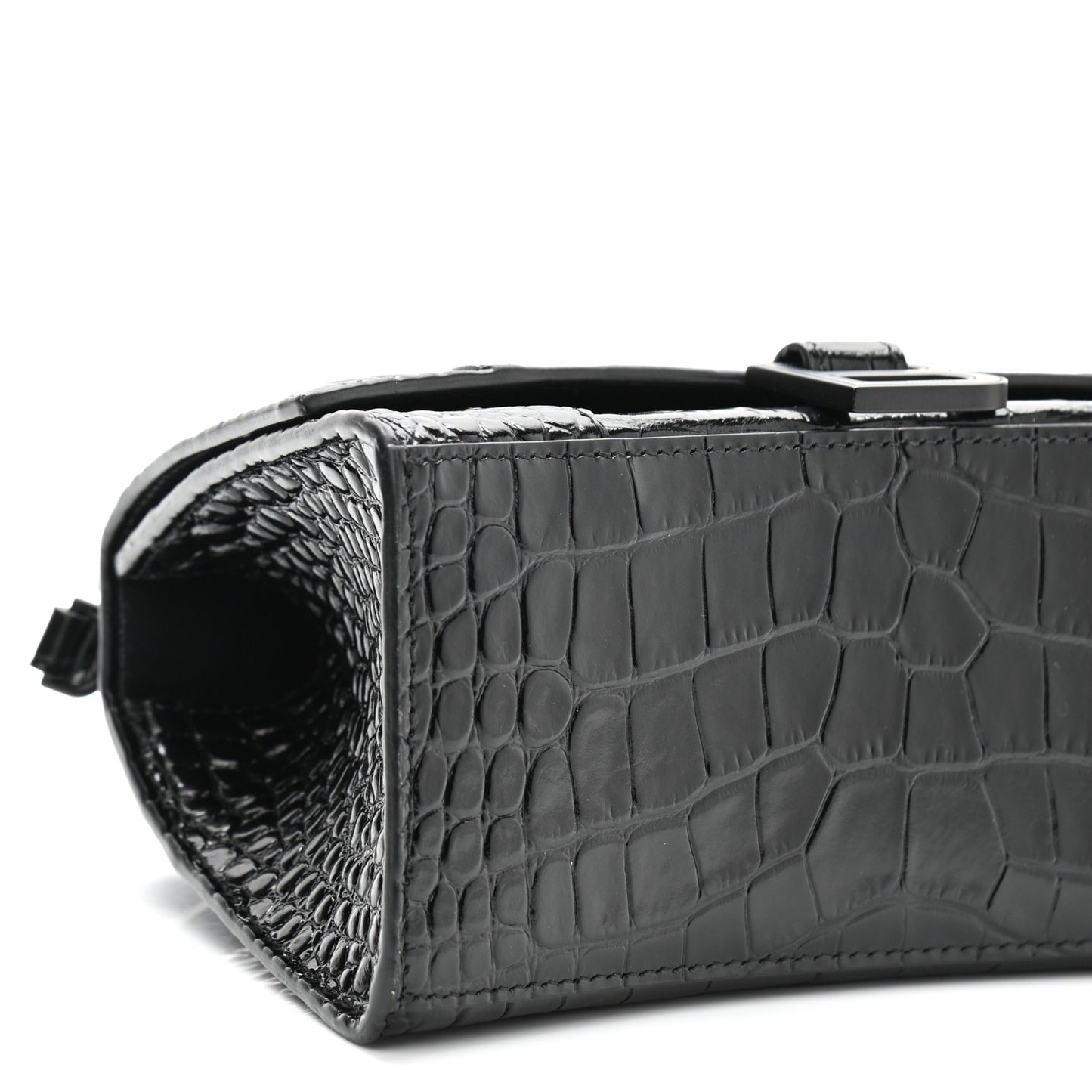 Shiny Calfskin Monochrome Crocodile Embossed Small Hourglass Top Handle Bag Black
