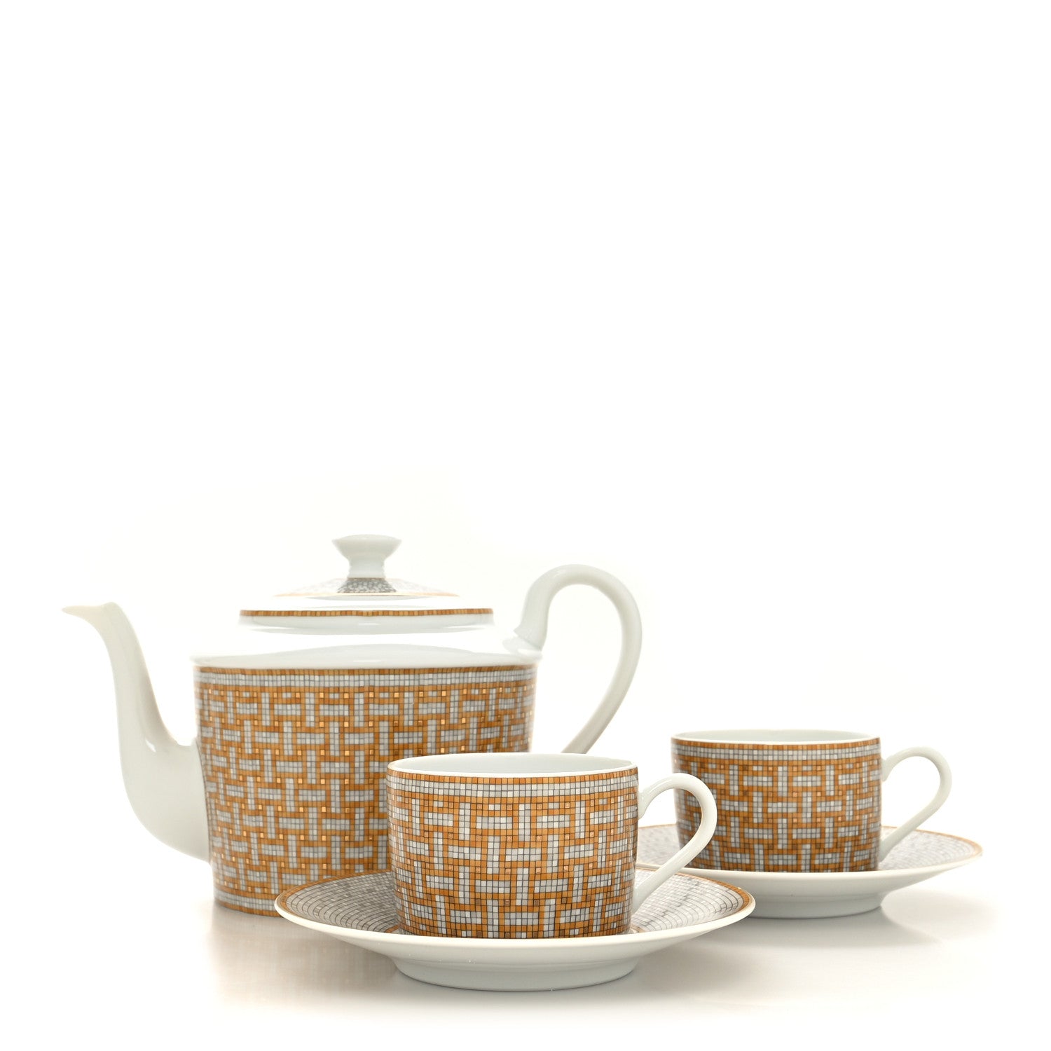 Hermes Porcelain 24 Gold Mosaique Teapot Cup Set Gold 1 of 18
