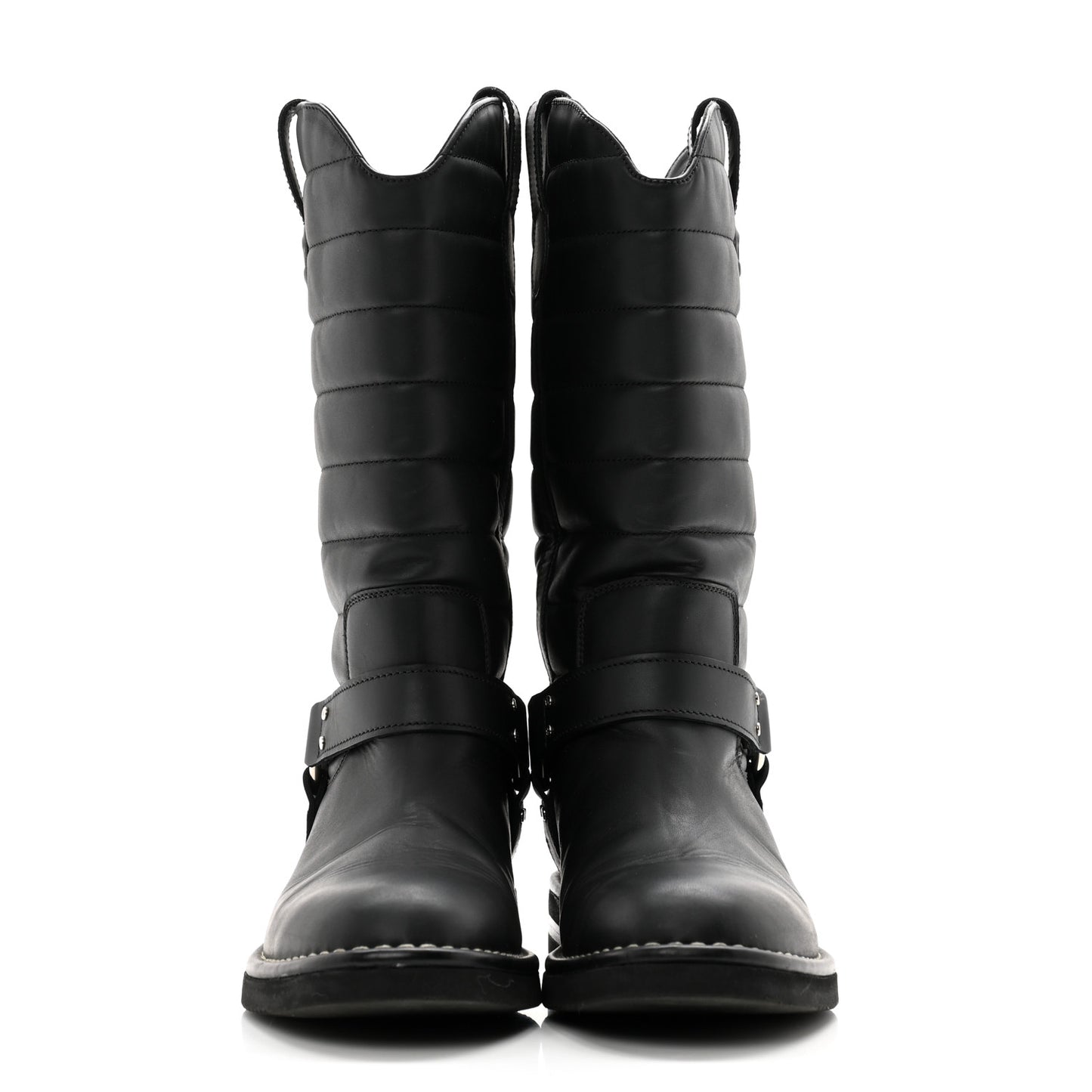 Oily Calfskin Star Quilted Biker Boots 39.5 Black