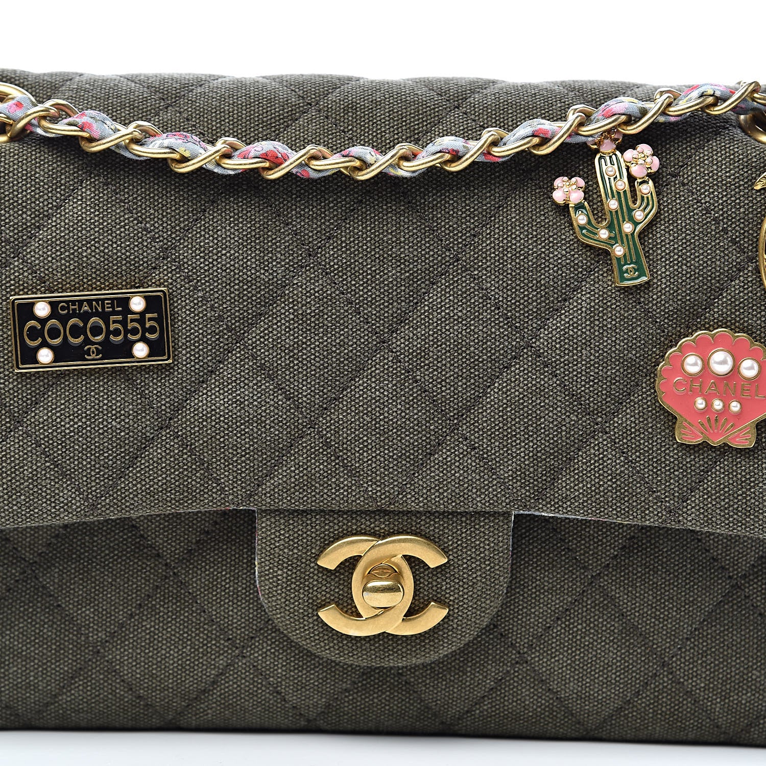 Chanel Toile Quilted Medium Cuba Double Flap Khaki 10 of 11