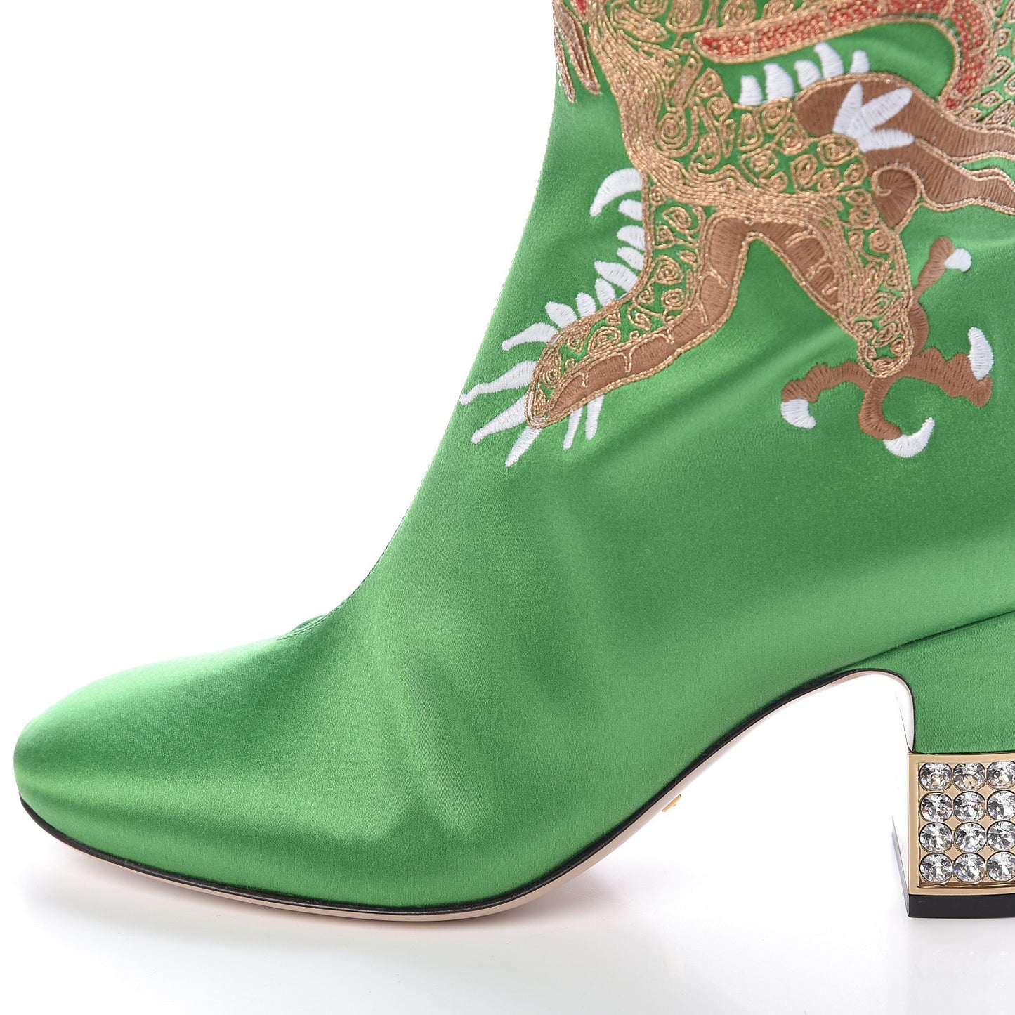 Silk Satin Malaga Kid Embroidered Candy Dragon Block-Heel Knee Boot 36 Green