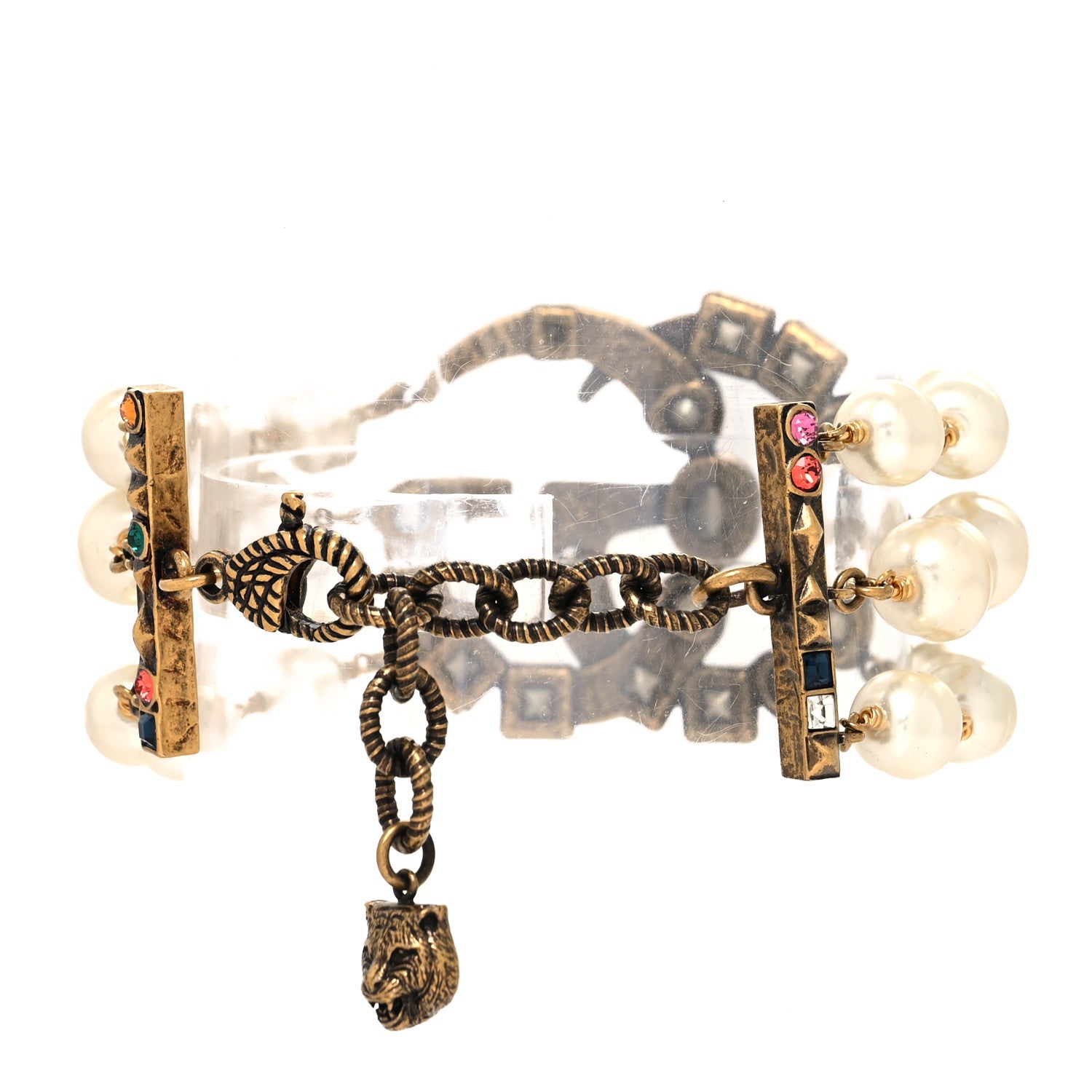 Gucci Metal Crystal Pearl Double G Bracelet Aged Gold Multicolor 3 of 5