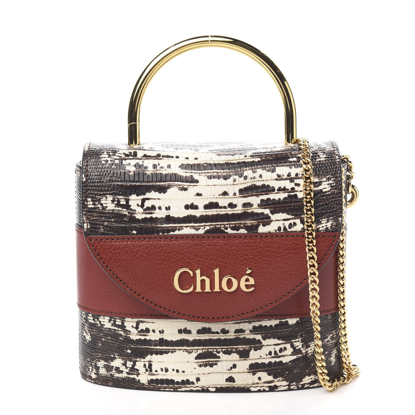 Calfskin Lizard Embossed Small Aby Lock Sepia Brown