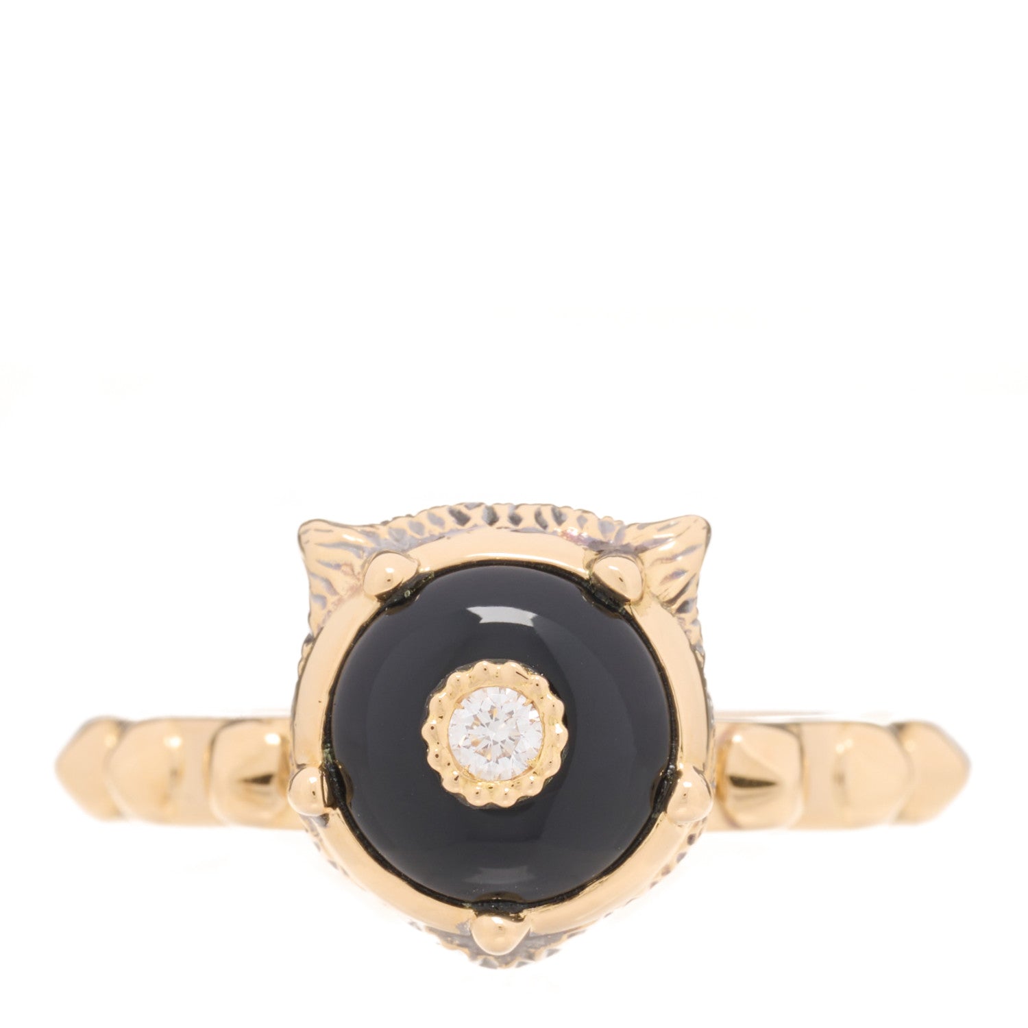 Gucci 18K Yellow Gold Onyx Diamond Le Marché Des Merveilles Feline Ring 50 5.5 1 of 5