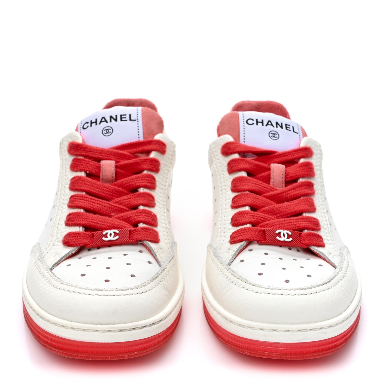 Chanel Grained Calfskin Fabric Womens Logo Sneakers 35 White Red 2 of 13