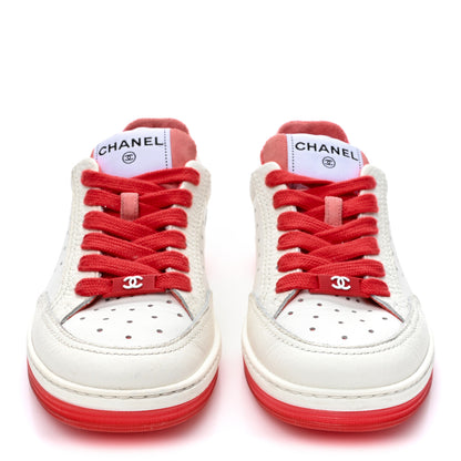 Chanel Grained Calfskin Fabric Womens Logo Sneakers 35 White Red 2 of 13