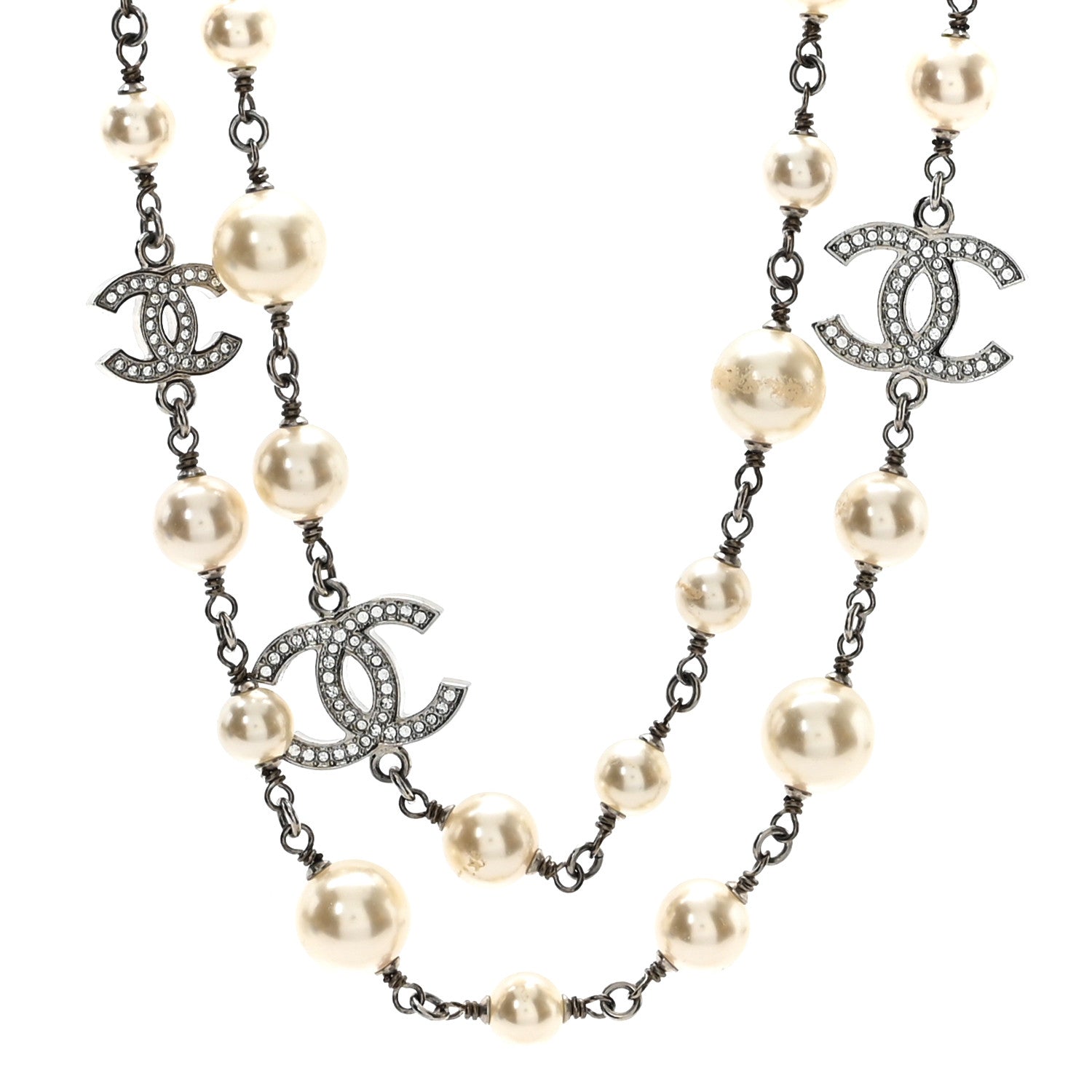 Chanel Crystal Pearl CC Long Necklace Silver 1 of 6
