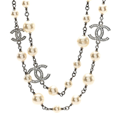 Chanel Crystal Pearl CC Long Necklace Silver 1 of 6