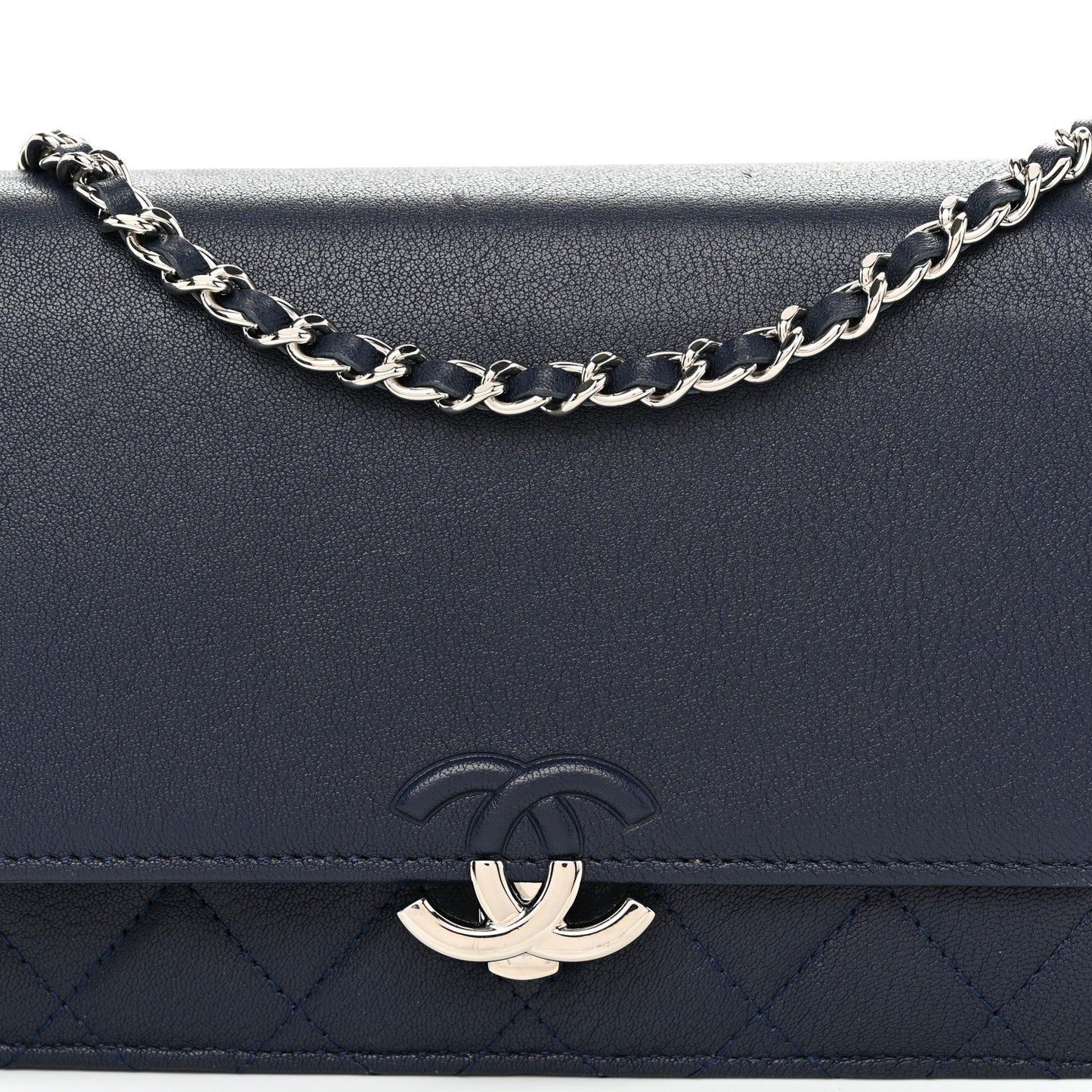 Grained Calfskin Quilted CC Box Wallet On Chain WOC Navy