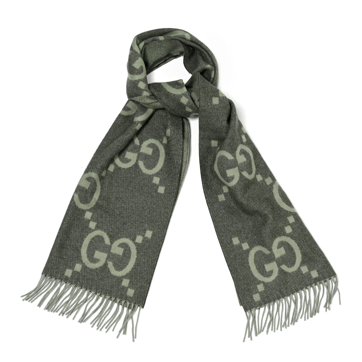 Cashmere Monogram Jumbo GG Canvy Fringe Scarf Green Grey