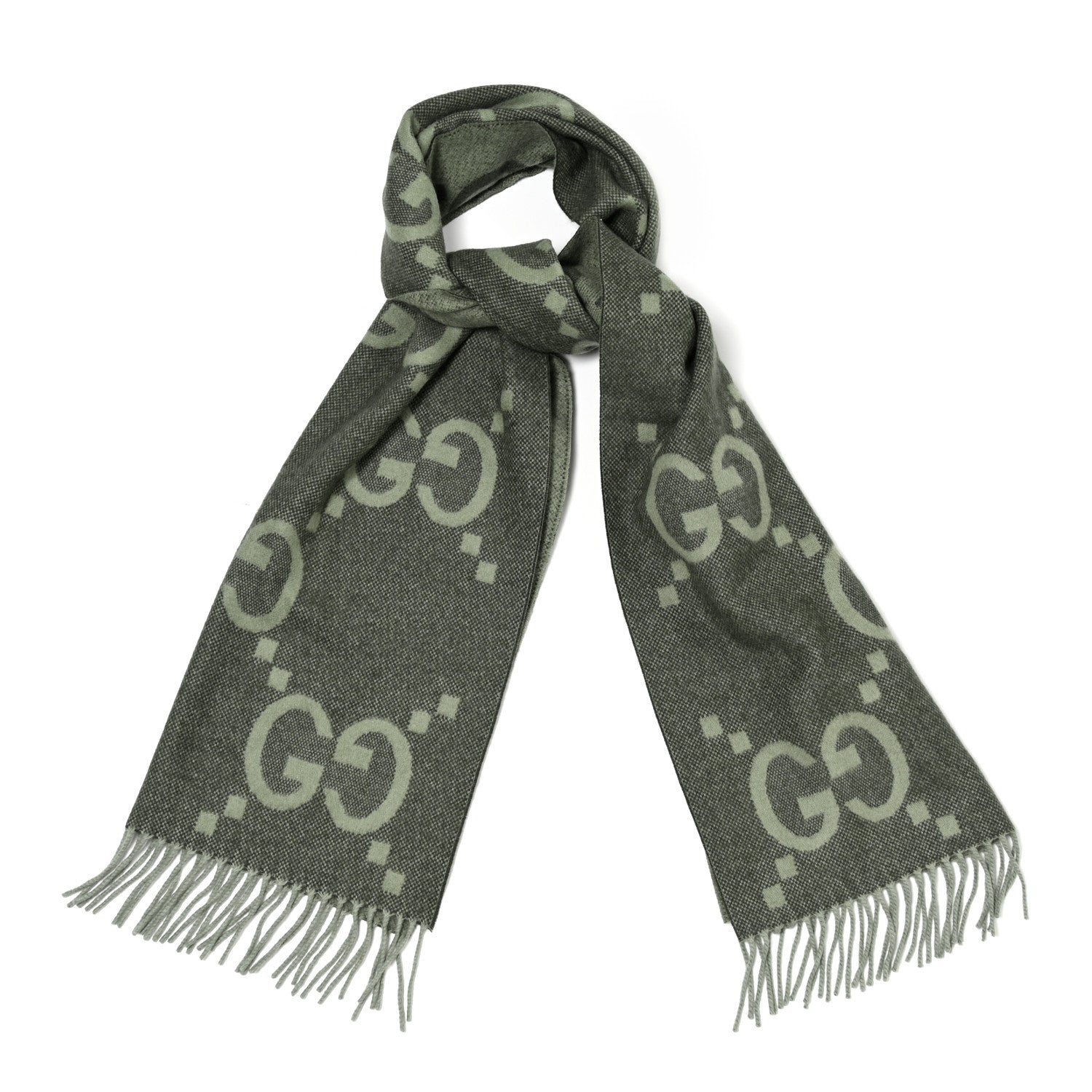 Gucci Cashmere Monogram Jumbo GG Canvy Fringe Scarf Green Grey 1 of 3