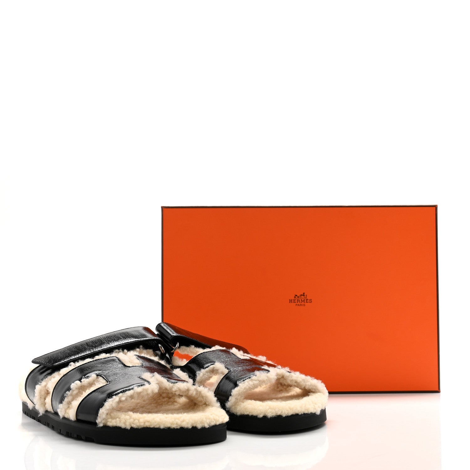 Hermes Glazed Nappa Woolskin Womens Chypre Sandals 40.5 Black Ecru 9 of 9