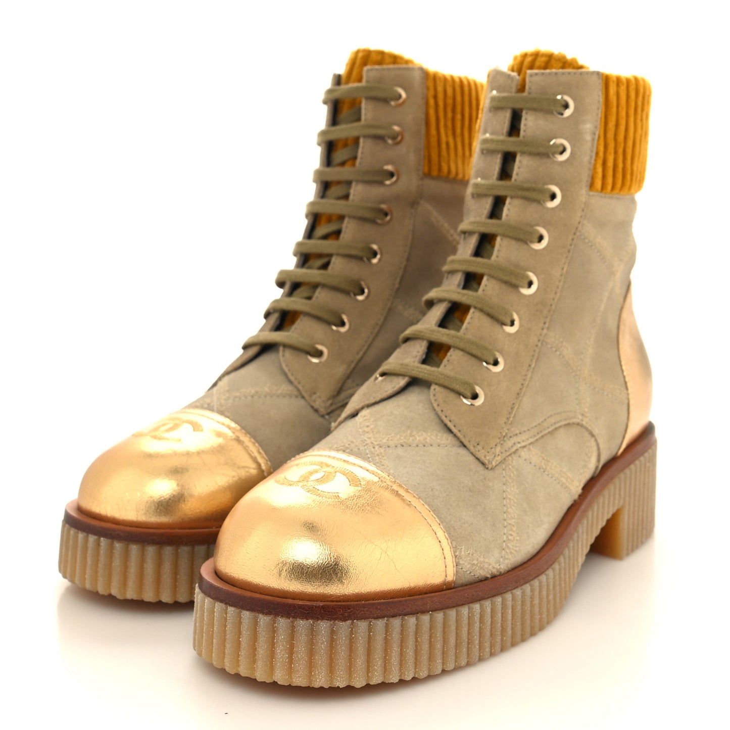 Suede Calfskin Velvet Laminated Quilted CC Combat Boots 39.5 Beige Yellow Gold