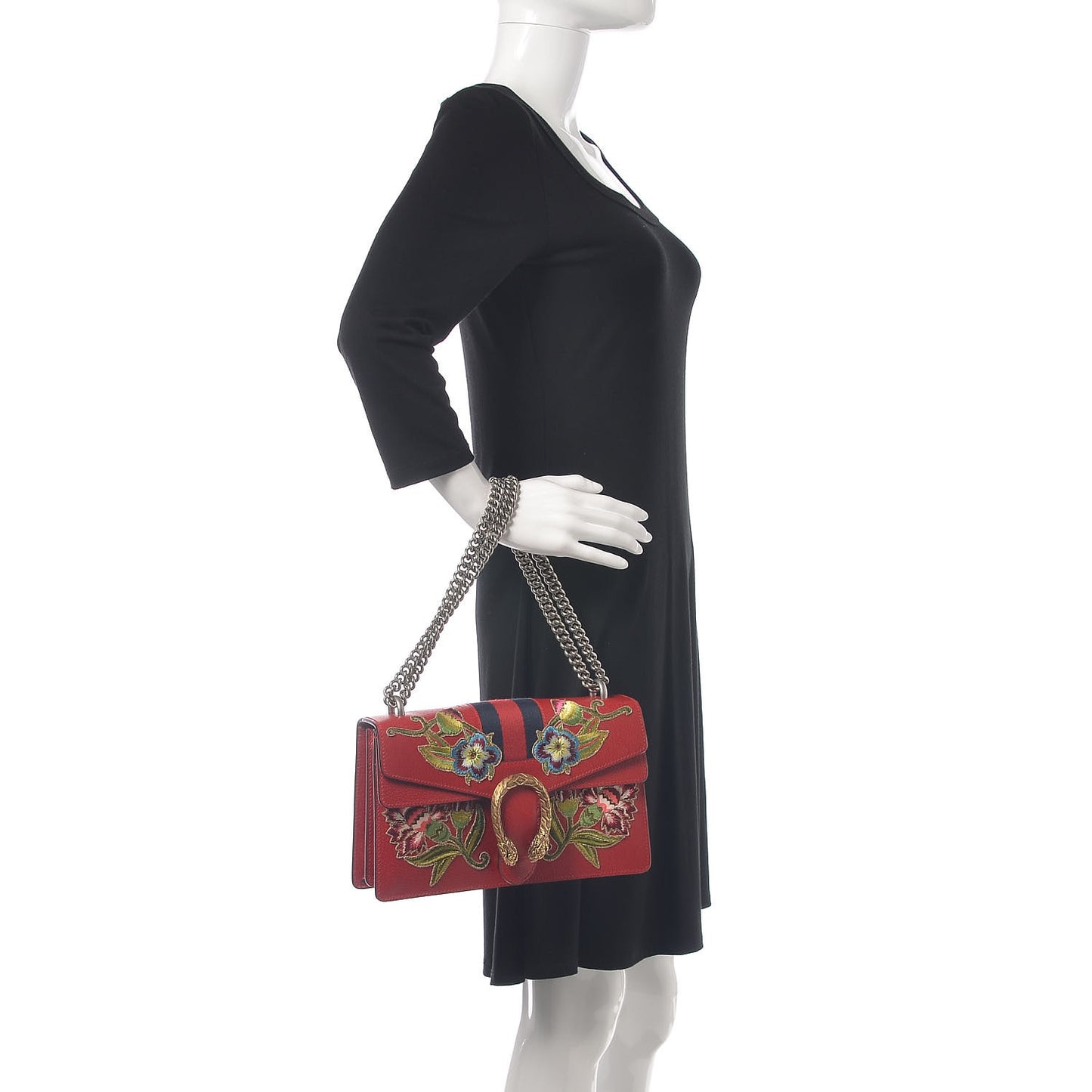 Calfskin Web Floral Embroidered Small Dionysus Shoulder Bag Hibiscus Red