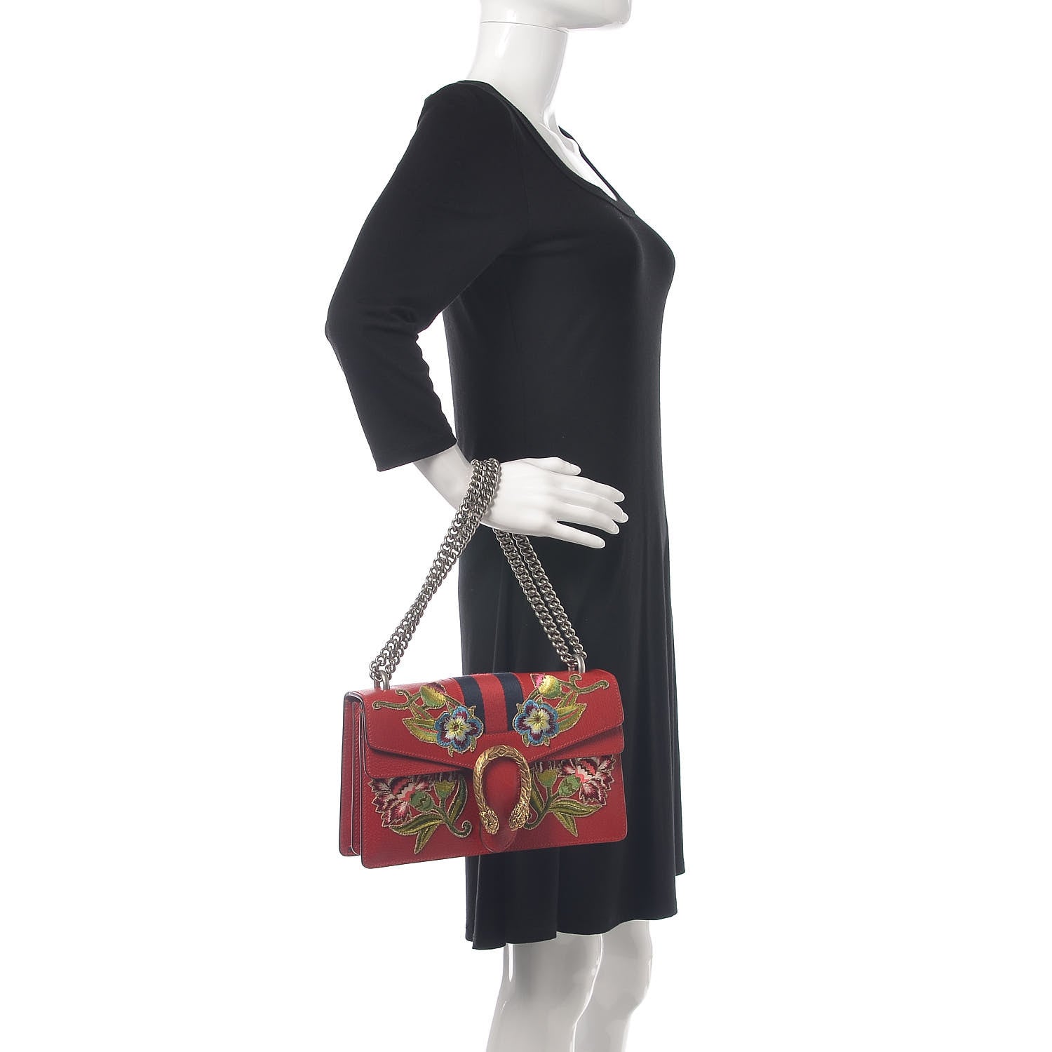 Gucci Calfskin Web Floral Embroidered Small Dionysus Shoulder Bag Hibiscus Red 2 of 9
