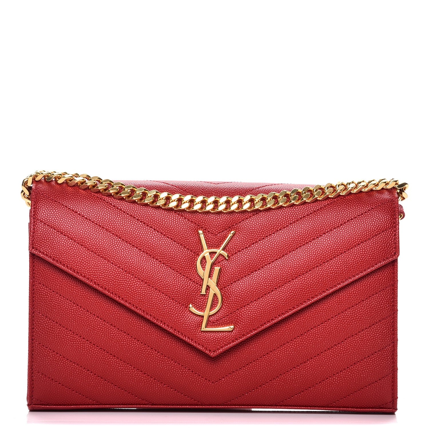 Saint Laurent Grain De Poudre Matelasse Chevron Monogram Chain Wallet Red 1 of 9