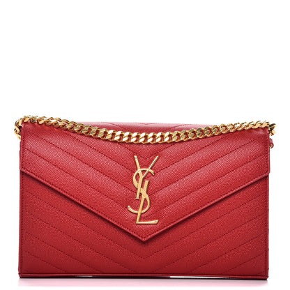 Saint Laurent Grain De Poudre Matelasse Chevron Monogram Chain Wallet Red 1 of 9