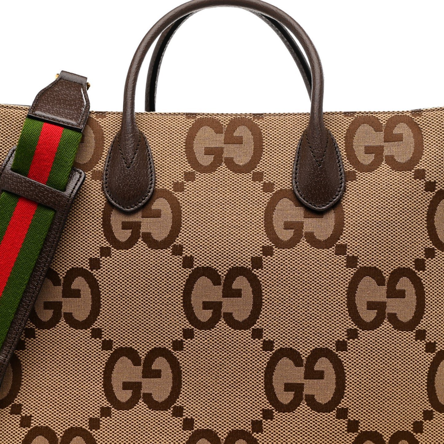 Monogram Jumbo GG Textured Dollar Calfskin Web Tote Bag Camel Ebony New Acero