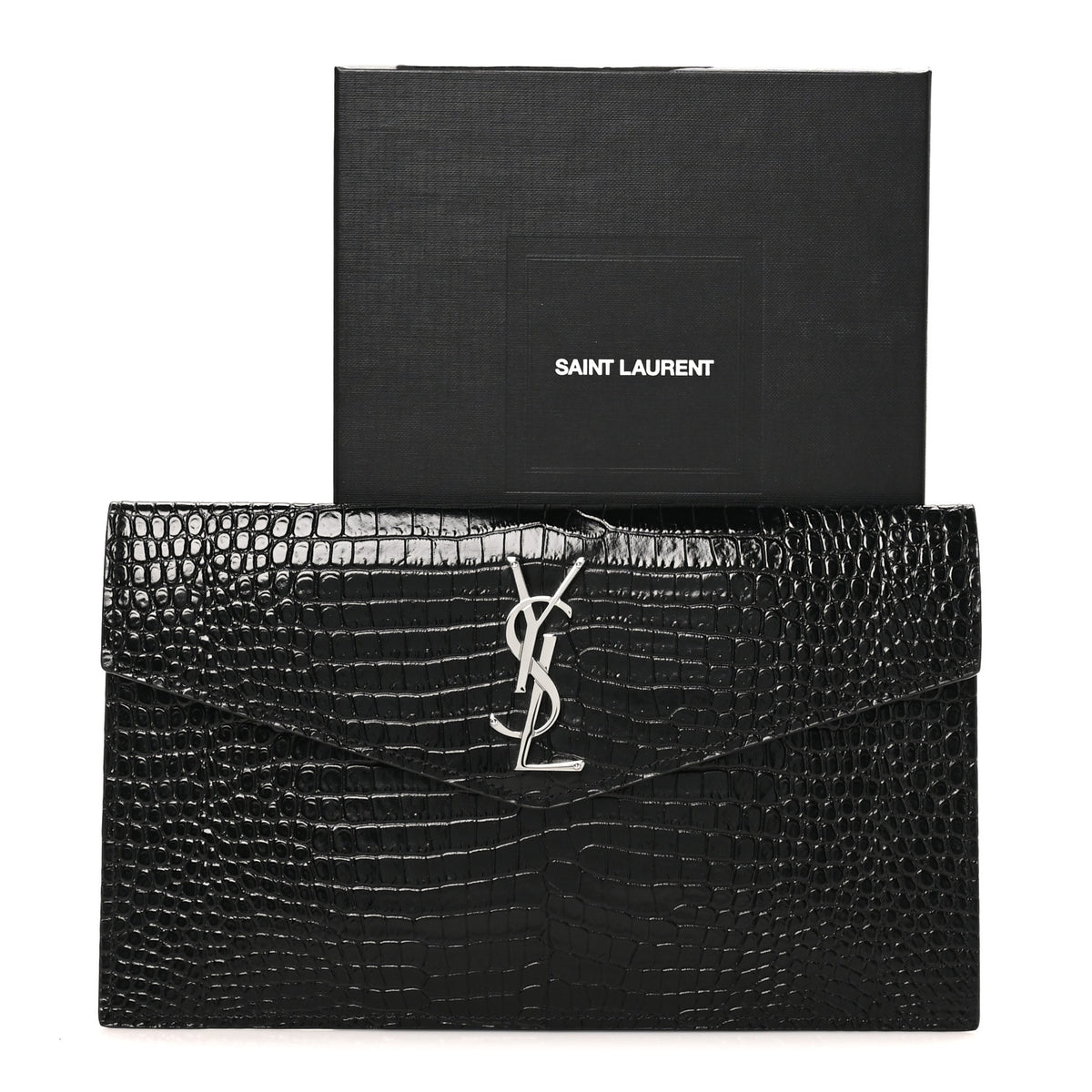 Saint Laurent Calfskin Crocodile Embossed Uptown Monogram Pouch Black 8 of 8