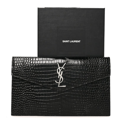 Saint Laurent Calfskin Crocodile Embossed Uptown Monogram Pouch Black 8 of 8