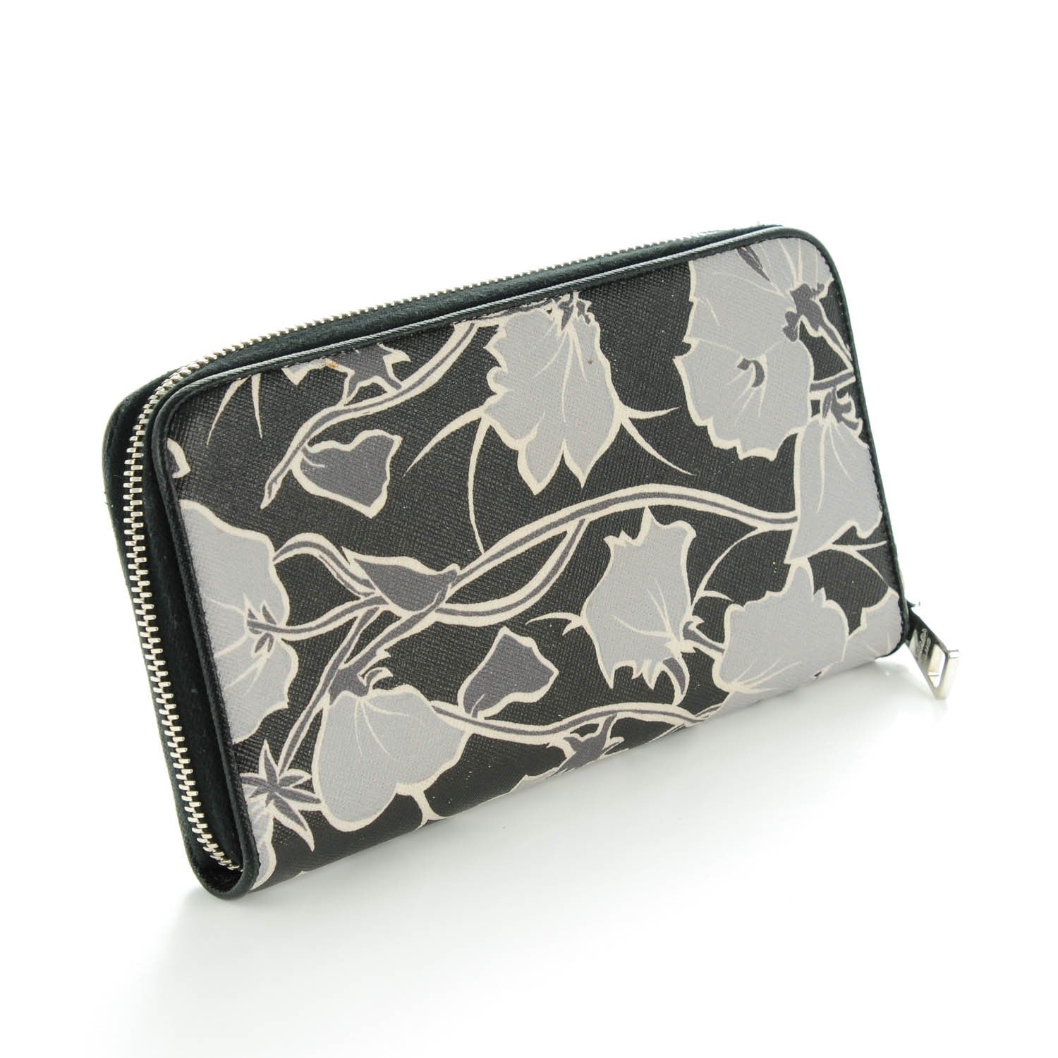 Prada Saffiano Floral Print Zip Around Wallet Nero Black 3 of 8