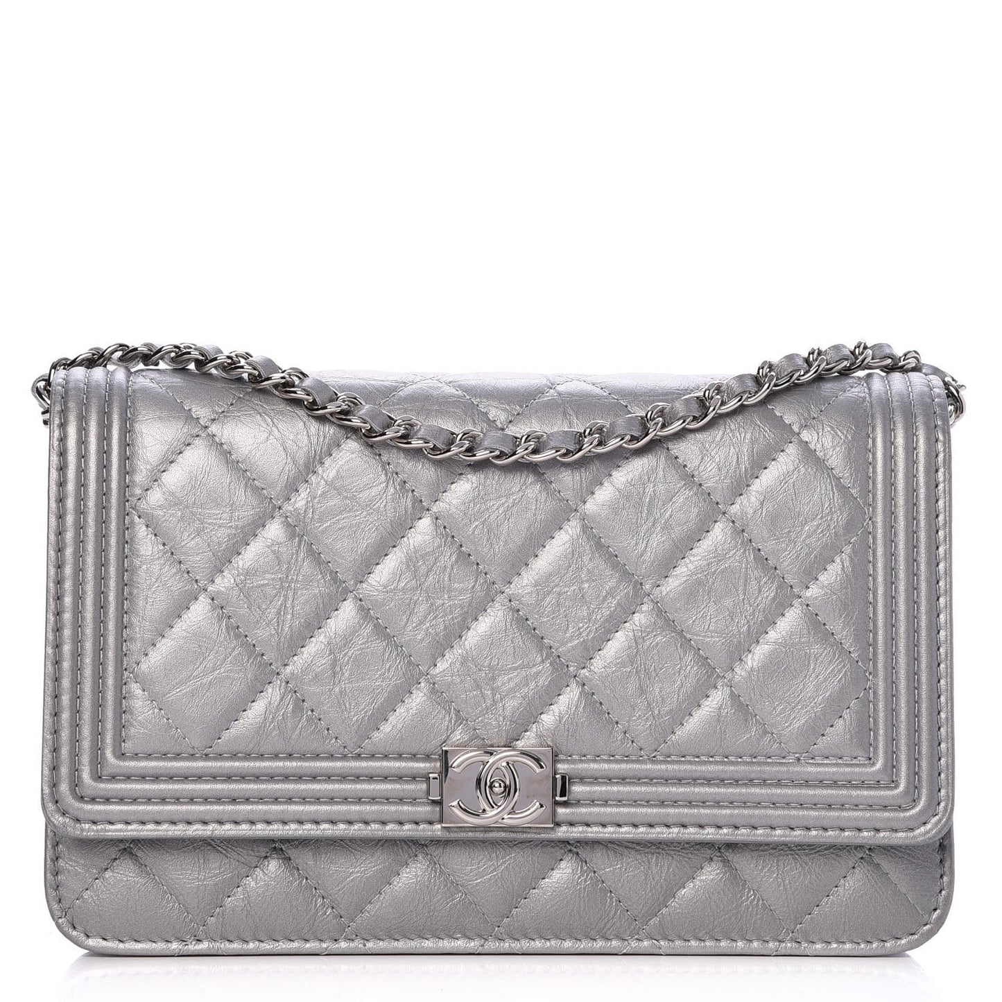 Metallic Aged Calfskin Quilted Boy Wallet On Chain WOC Silver