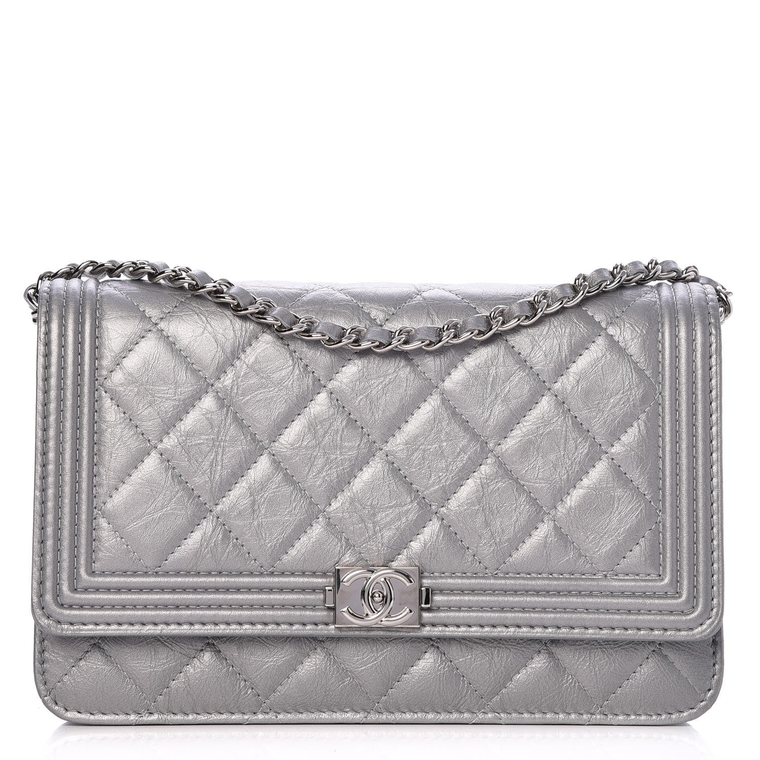 Chanel Metallic Aged Calfskin Quilted Boy Wallet On Chain WOC Silver 1 of 9