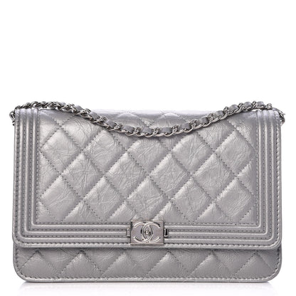 Chanel Metallic Aged Calfskin Quilted Boy Wallet On Chain WOC Silver 1 of 9