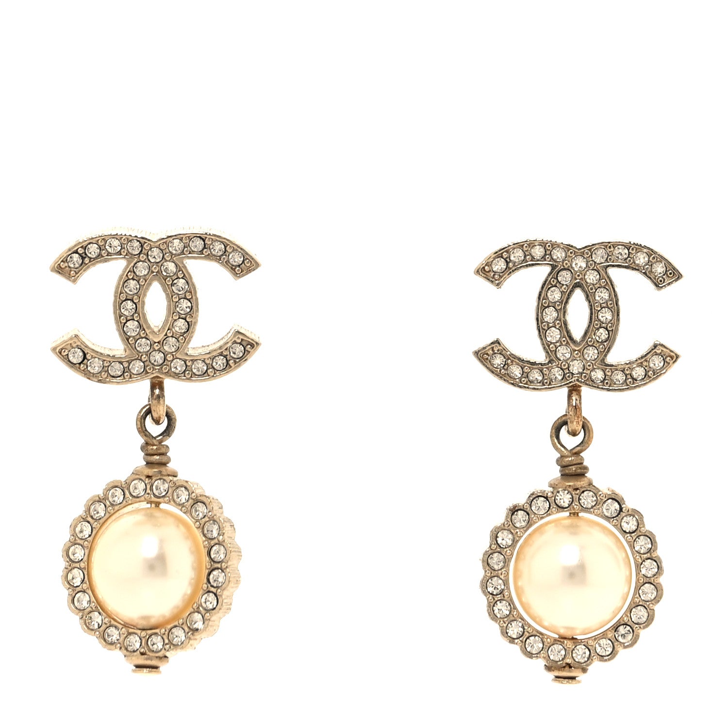 Chanel Crystal Pearl CC Drop Earrings Gold 1 of 4