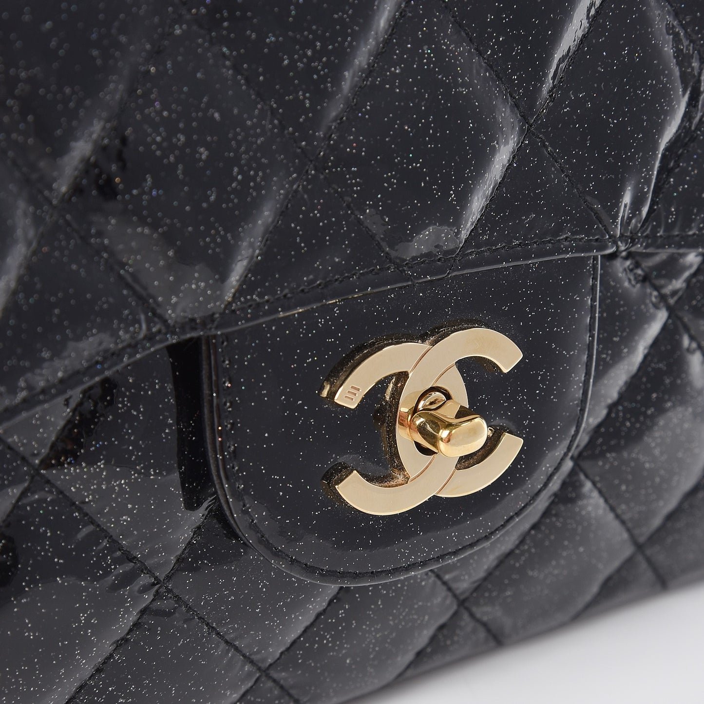 Patent Quilted Sparkle Glitter Jumbo Single Flap Black
