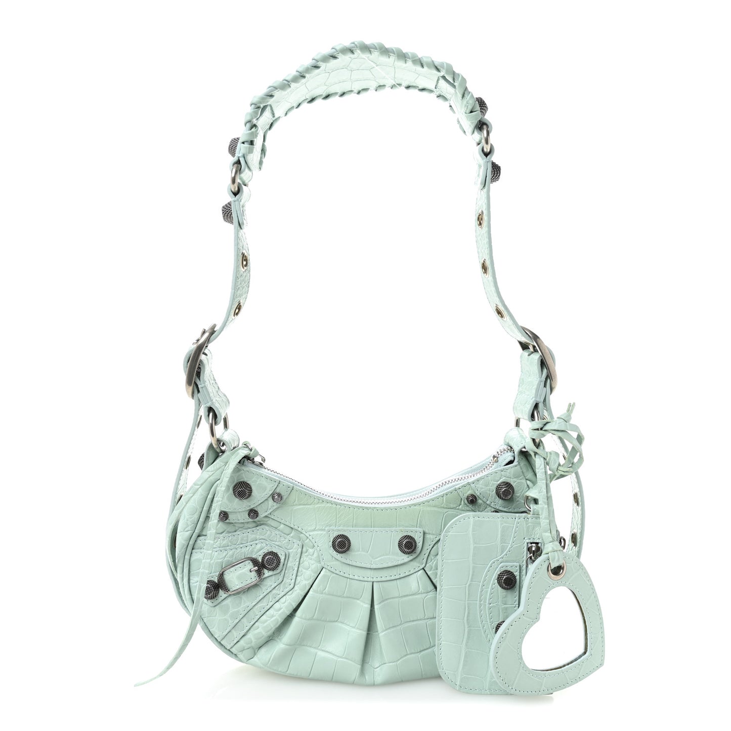 Extra Supple Calfskin Crocodile Embossed Le Cagole Shoulder Bag XS Green Acqua