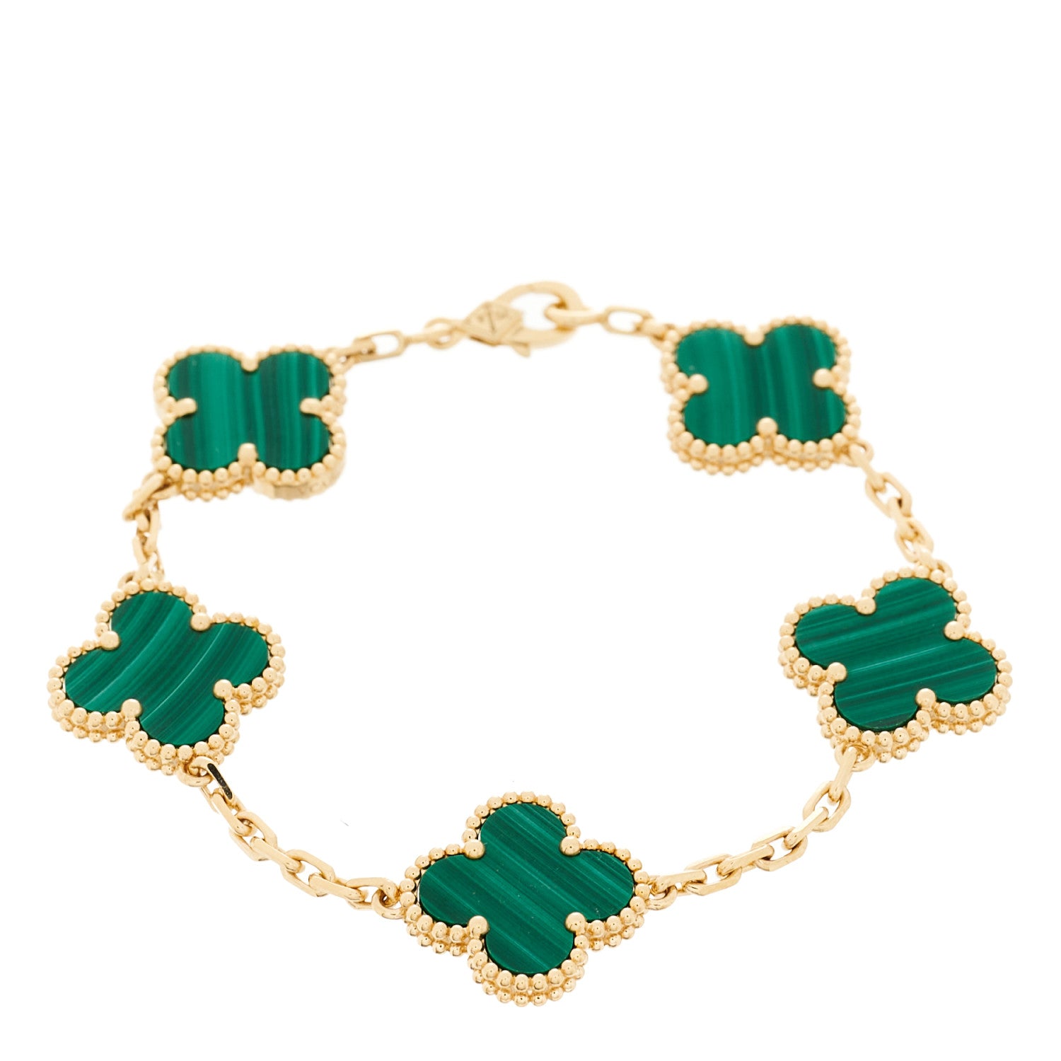 Van Cleef & Arpels 18K Yellow Gold Malachite 5 Motifs Vintage Alhambra Bracelet 1 of 6