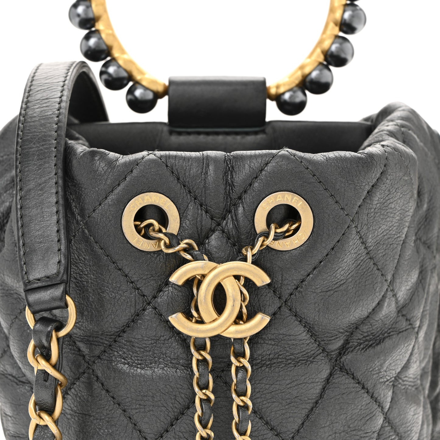 Metallic Lambskin Quilted Pearl Crown Drawstring Bag Anthracite