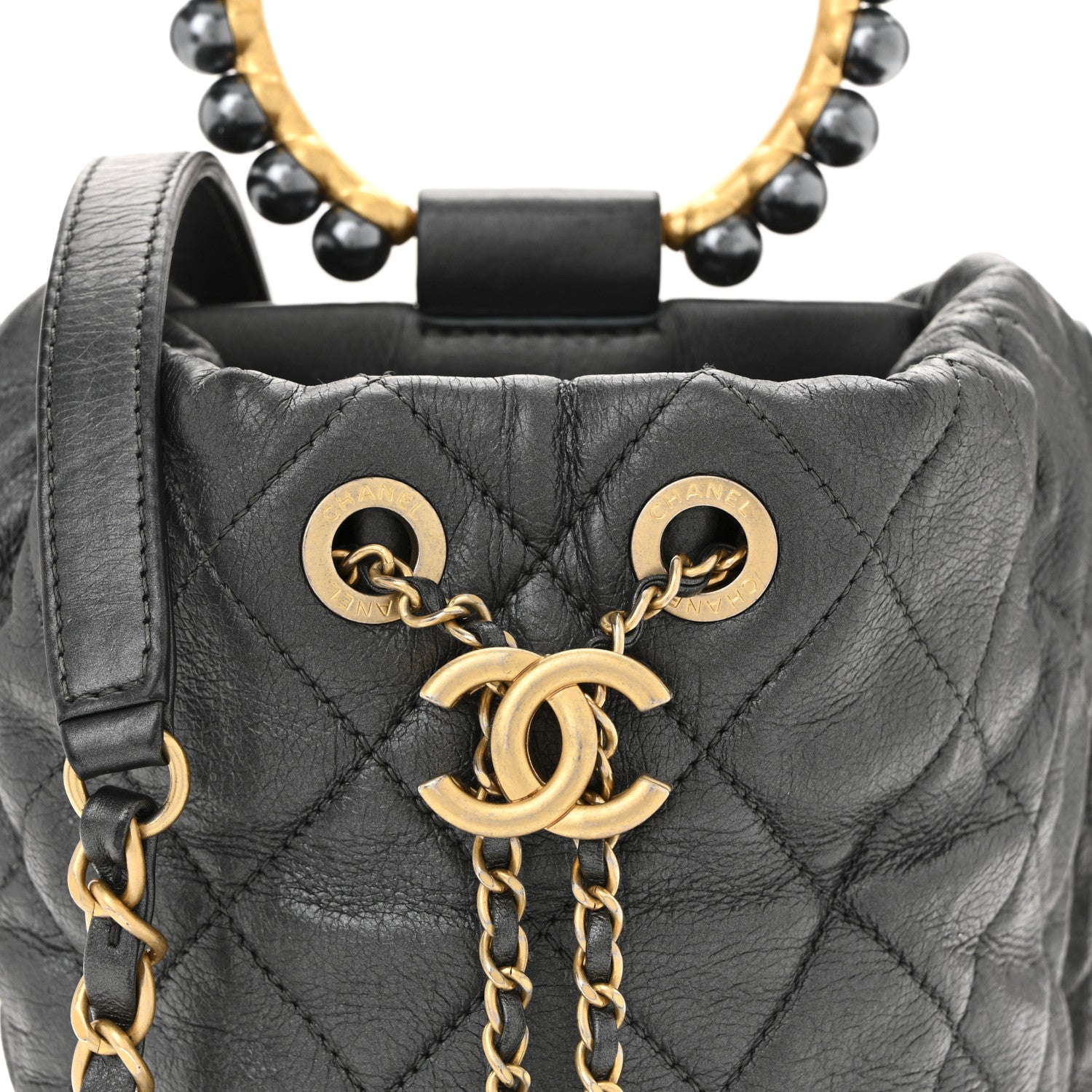 Chanel Metallic Lambskin Quilted Pearl Crown Drawstring Bag Anthracite 9 of 11