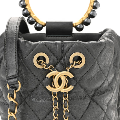Chanel Metallic Lambskin Quilted Pearl Crown Drawstring Bag Anthracite 9 of 11