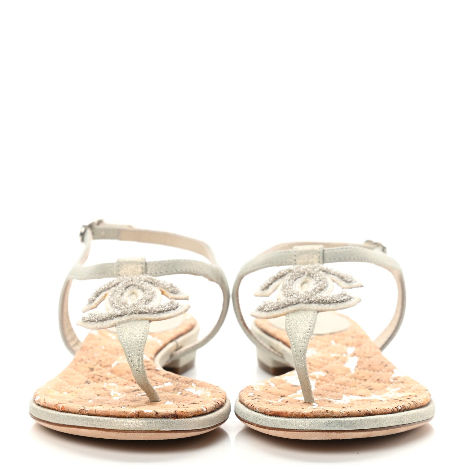 Chanel Metallic Suede Cork CC Thong Sandals 36.5 Silver 2 of 13