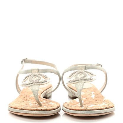 Chanel Metallic Suede Cork CC Thong Sandals 36.5 Silver 2 of 13