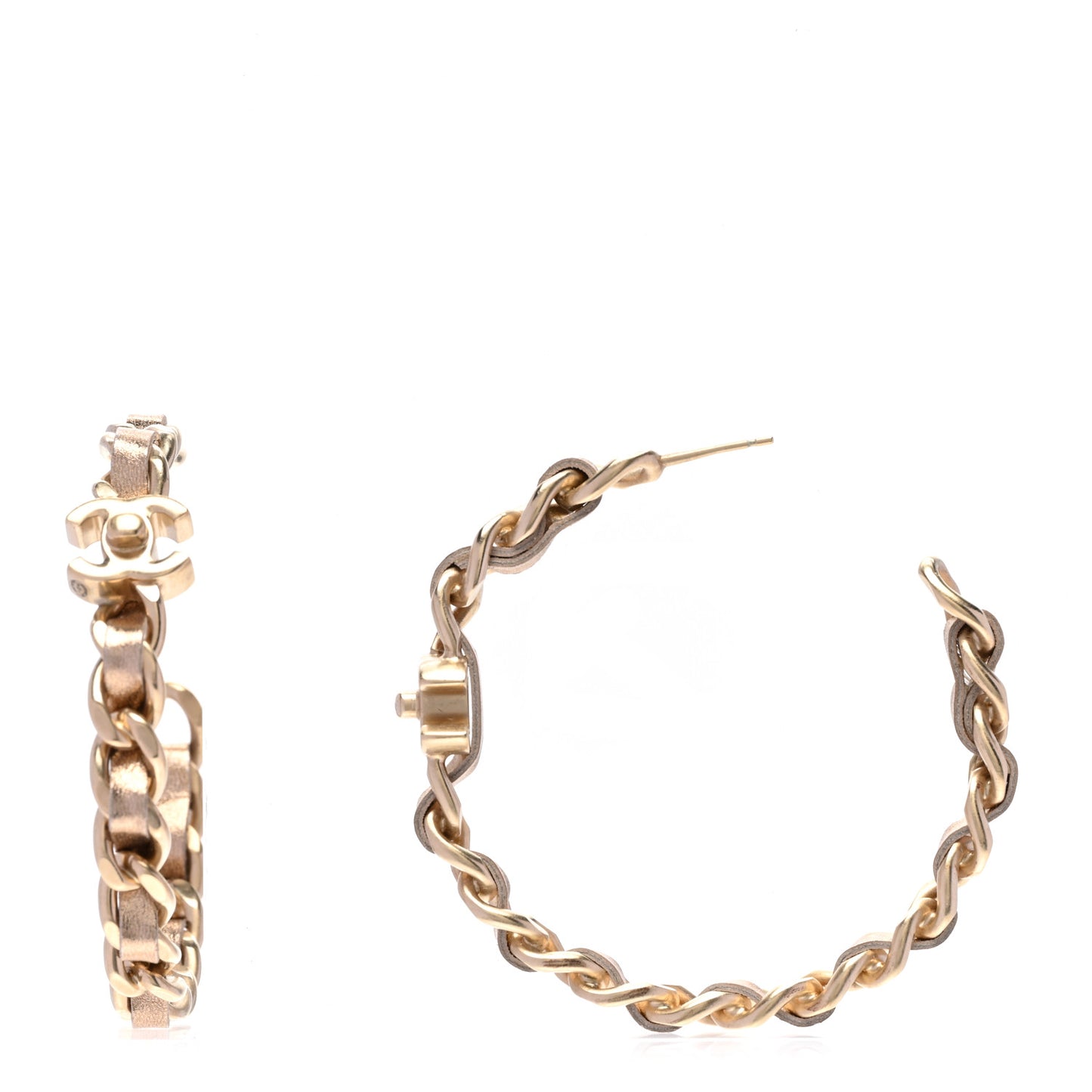 Metal Lambskin CC Turnlock Chain Hoop Earrings Matte Gold