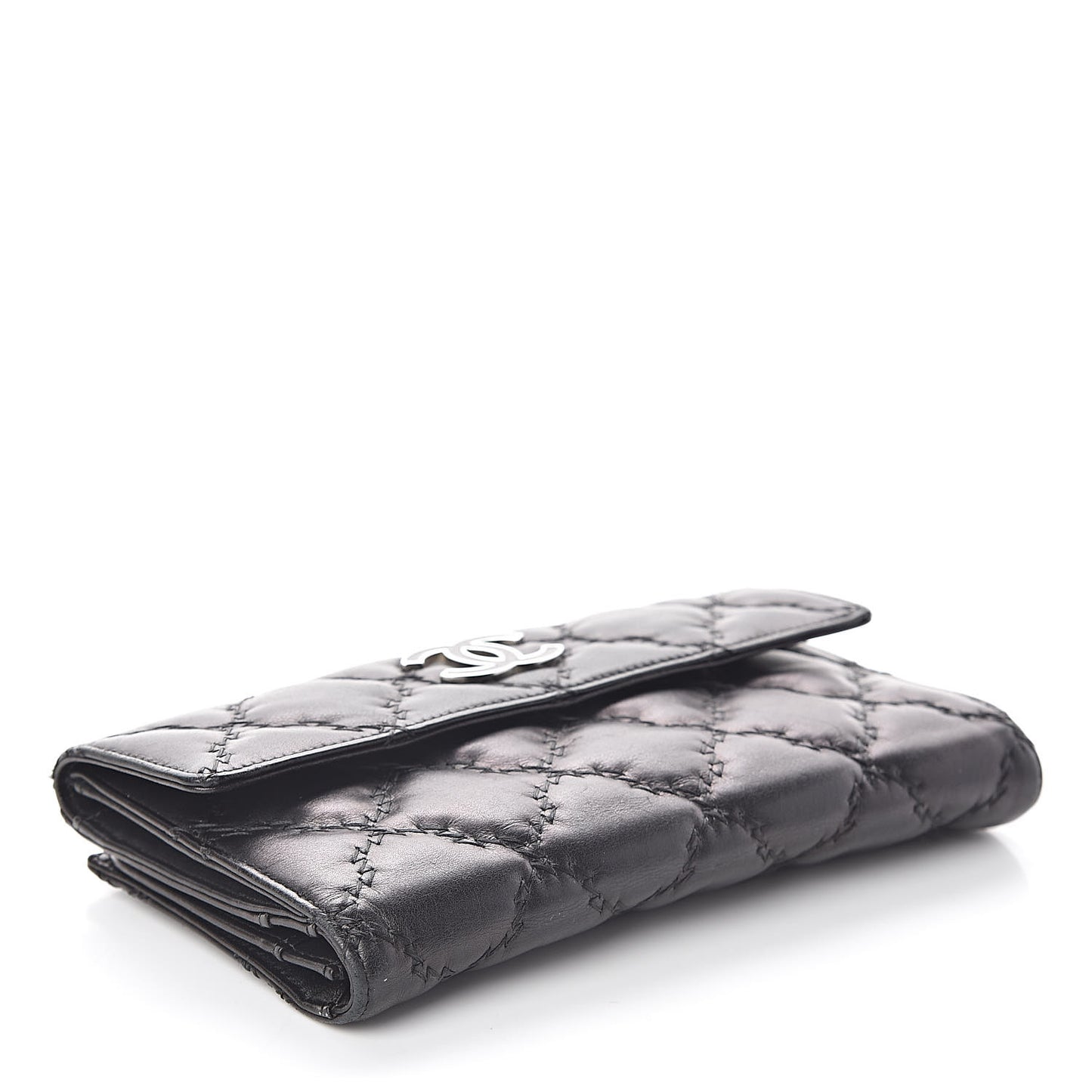 Calfskin Double Stitch Hamptons Flap Wallet Black