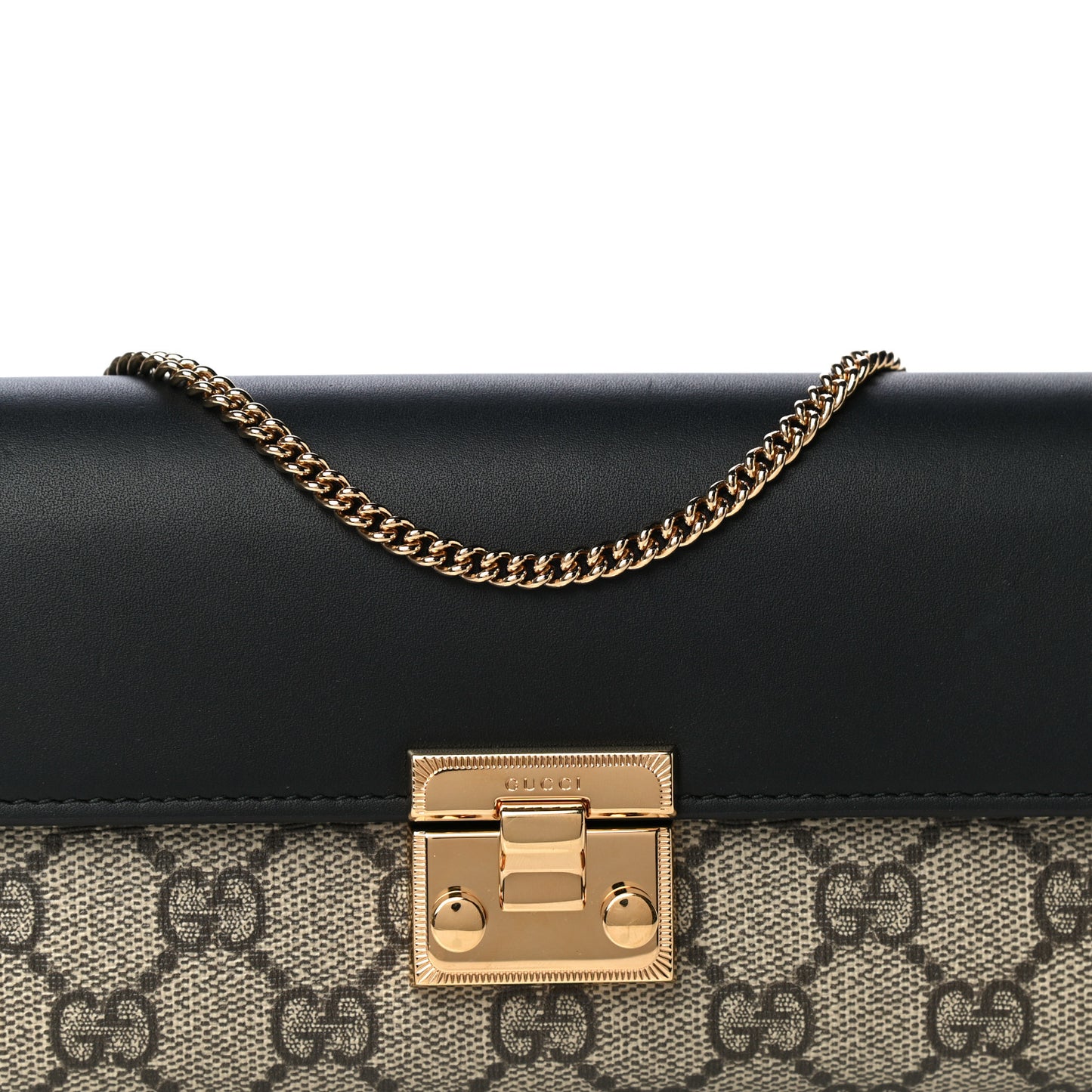 GG Supreme Monogram Moon Calfskin Padlock Continental Chain Wallet Beige Ebony Black