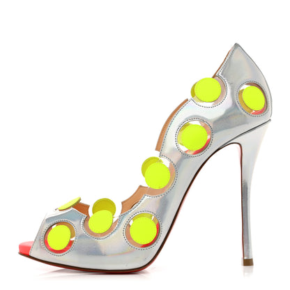 Christian Louboutin PVC Metallic Patent Polkadot Ladybug 120 Peep Toe Pumps 38 Silver Neon Yellow 1 of 7