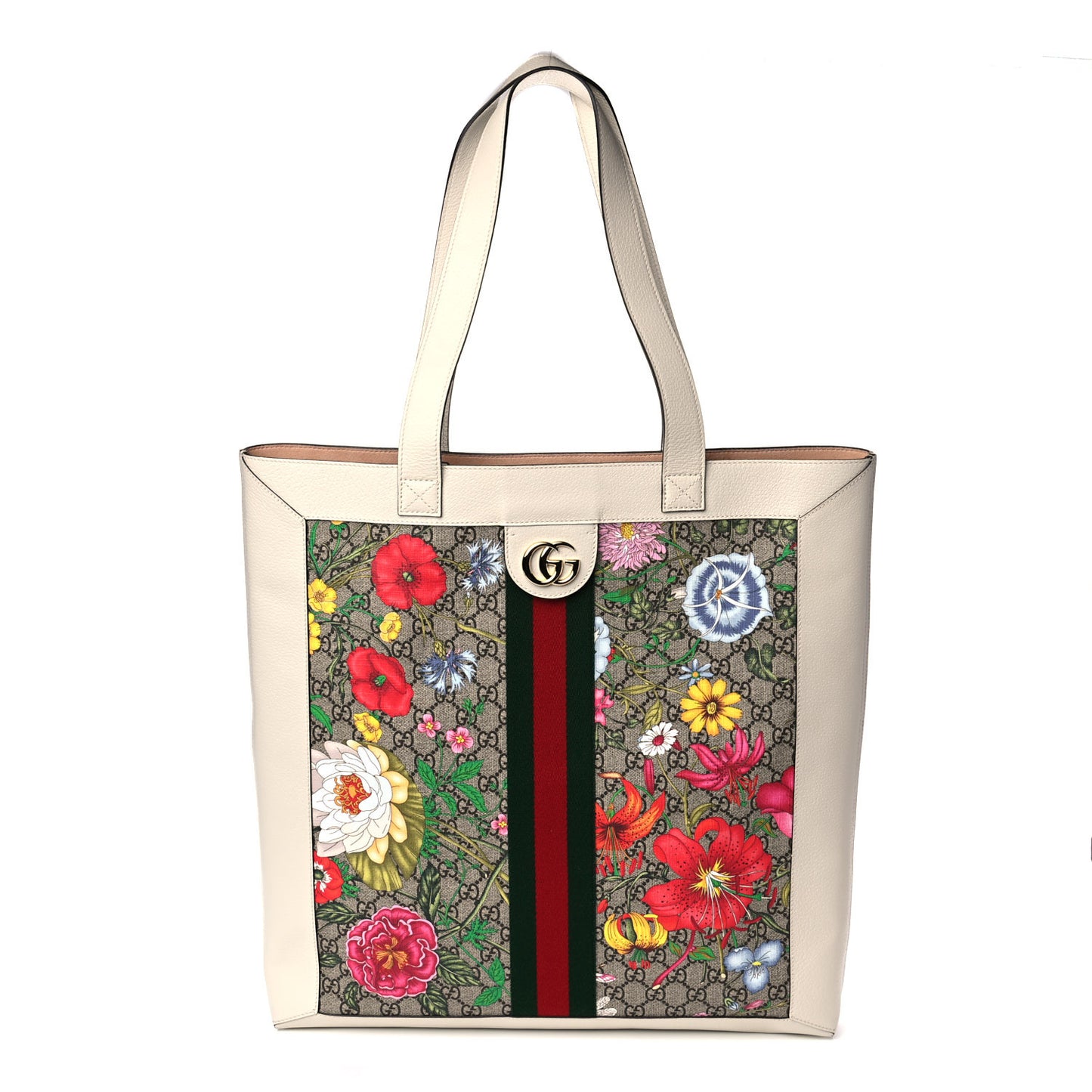 GG Supreme Monogram Flora Web Ophidia Vertical Shopping Tote White