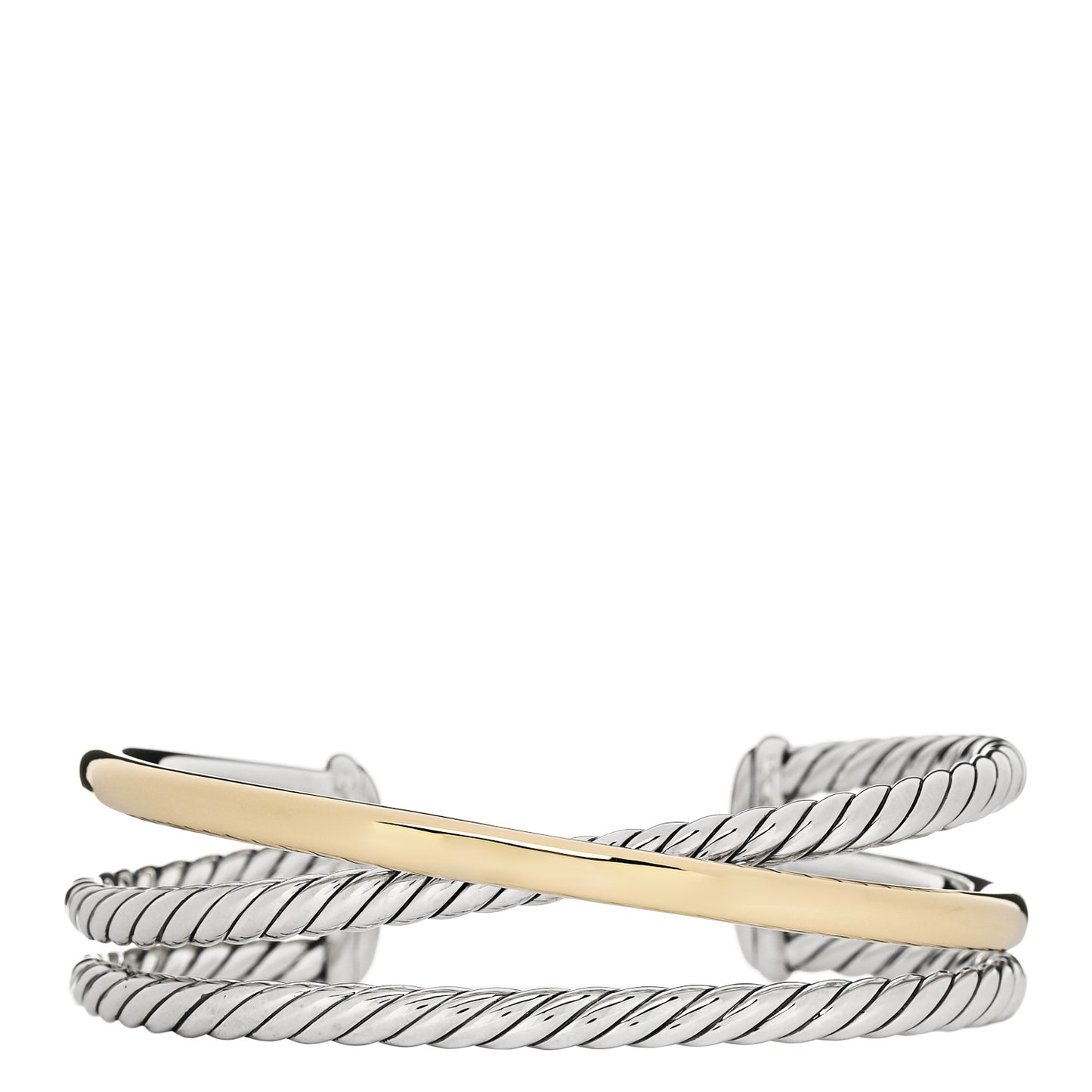 Sterling Silver 14K Yellow Gold 19mm Bold Three Row Crossover Cuff Bracelet