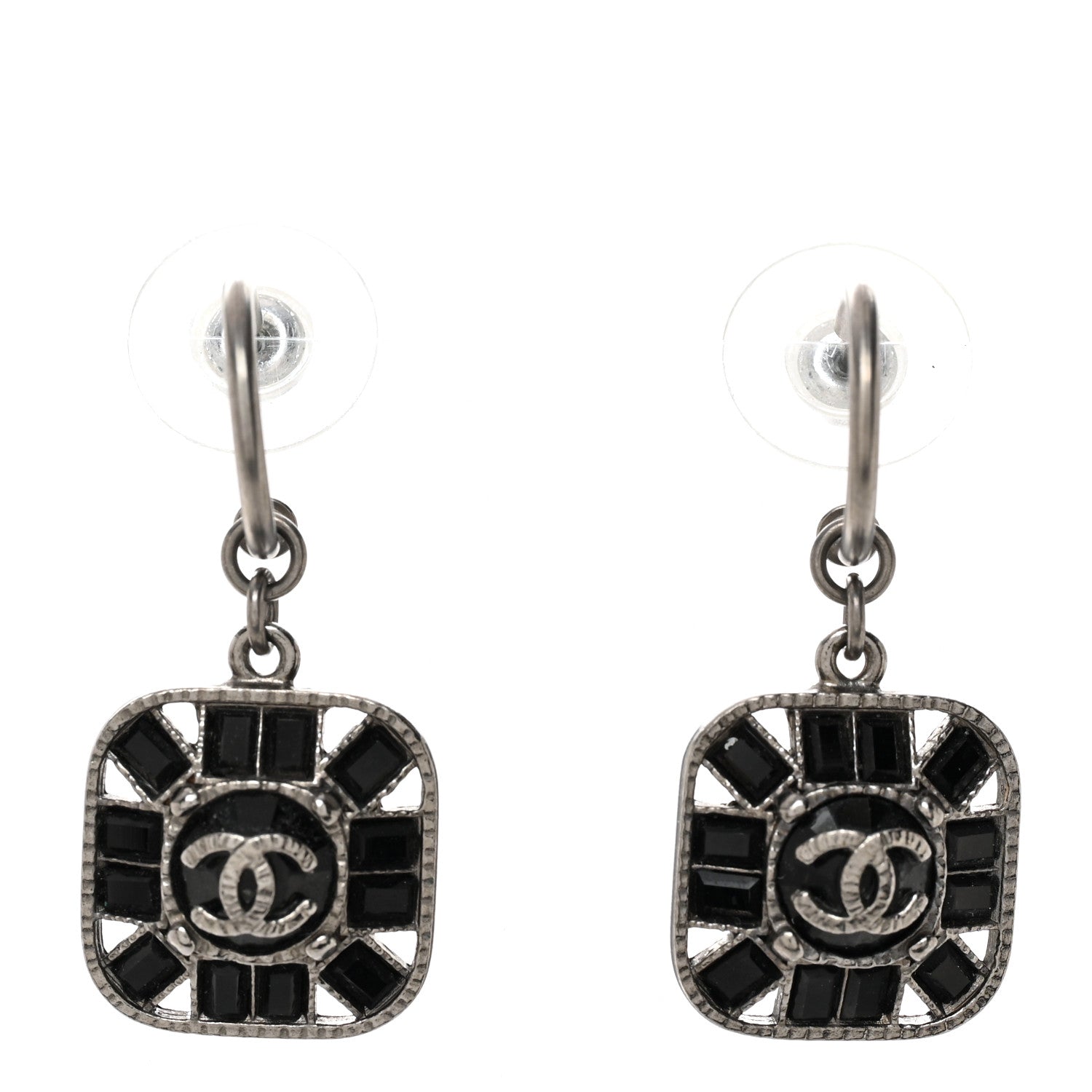 Chanel Baguette Crystal CC Drop Earrings Silver Black 1 of 4