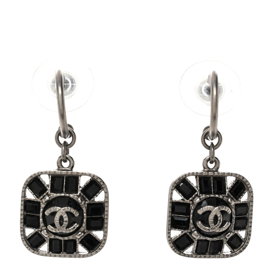Baguette Crystal CC Drop Earrings Silver Black