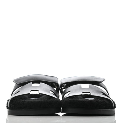 Hermes Calfskin Woolskin Womens Chypre Sandals 37 Black 2 of 6
