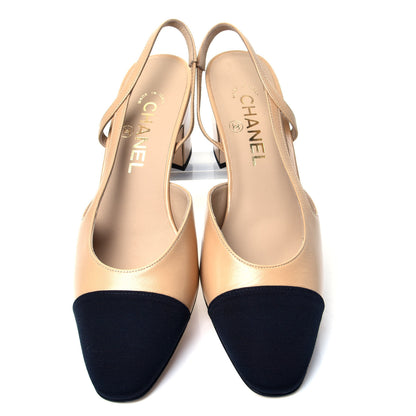 Chanel Goatskin Grosgrain Cap Toe CC Slingback Pumps 38.5 Beige Black 5 of 10