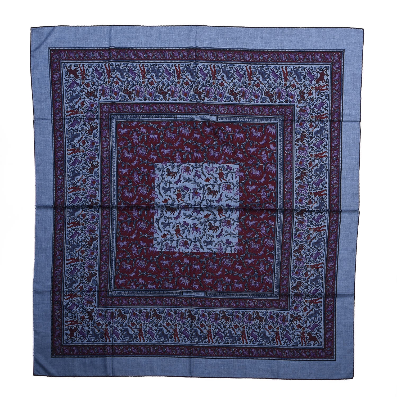 Hermes Cashmere Silk Chasse En Inde Shawl 140 Bleu Chine Violet Blue Jean 1 of 3
