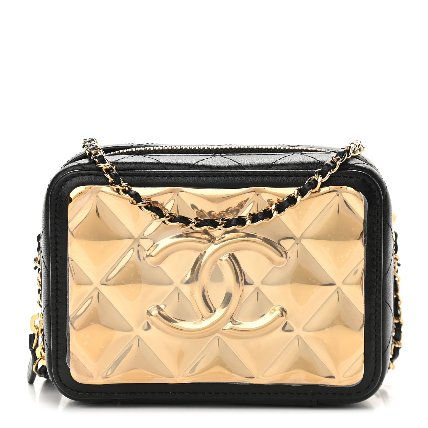 Lambskin Quilted Golden Plate Clutch With Chain Black